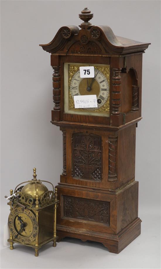 A brass lantern clock and a miniature longcase clock longcase 49cm